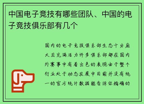 中国电子竞技有哪些团队、中国的电子竞技俱乐部有几个